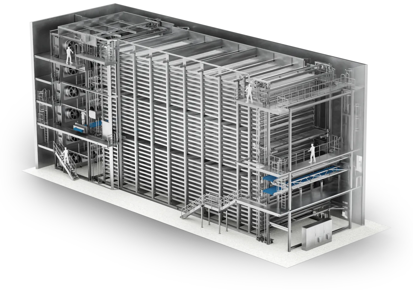 Heinen packfrost multi-tier system for freezing packed goods, sectional view
